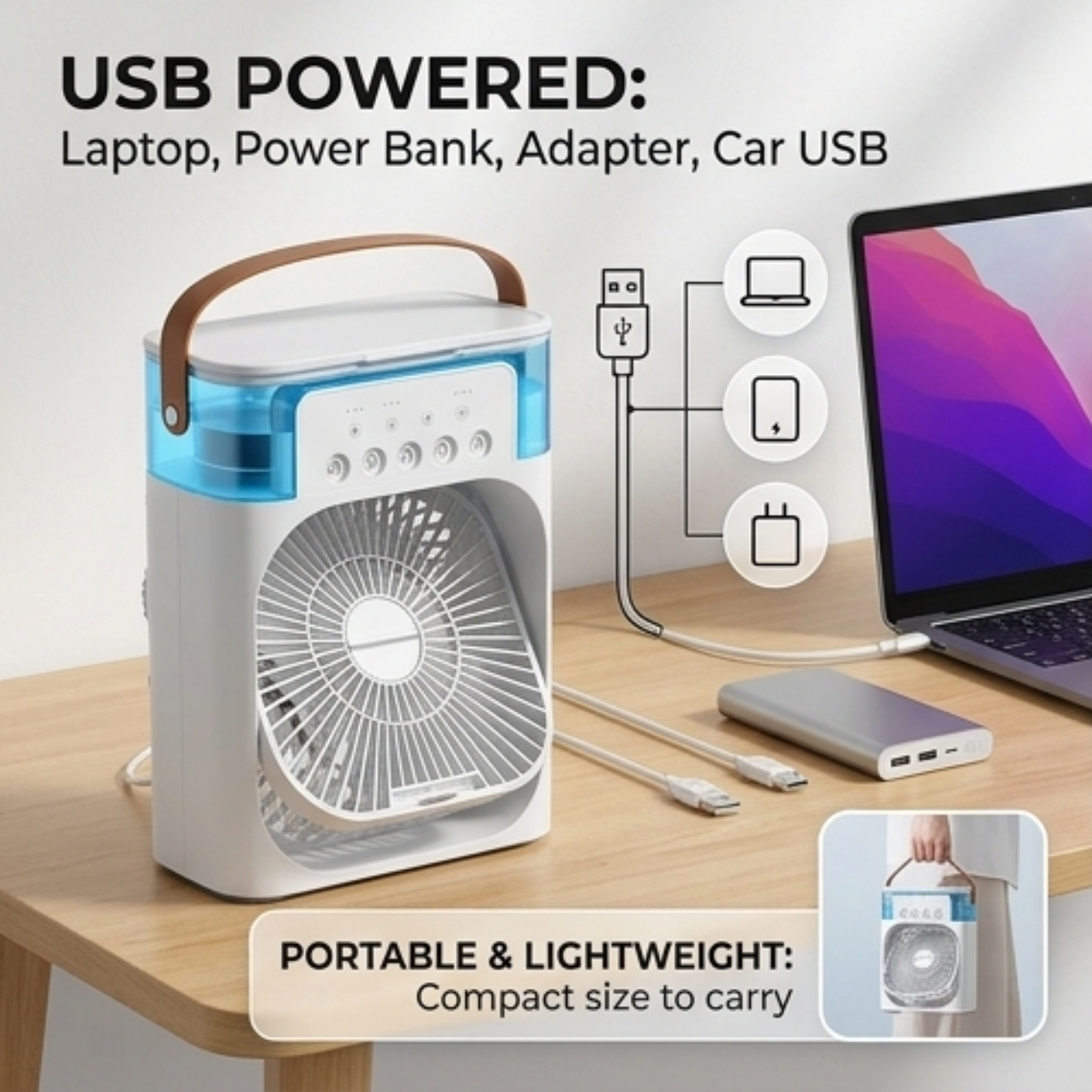 Mini Portable AC Cooler Fan USB Mist Humidifier With LED Light