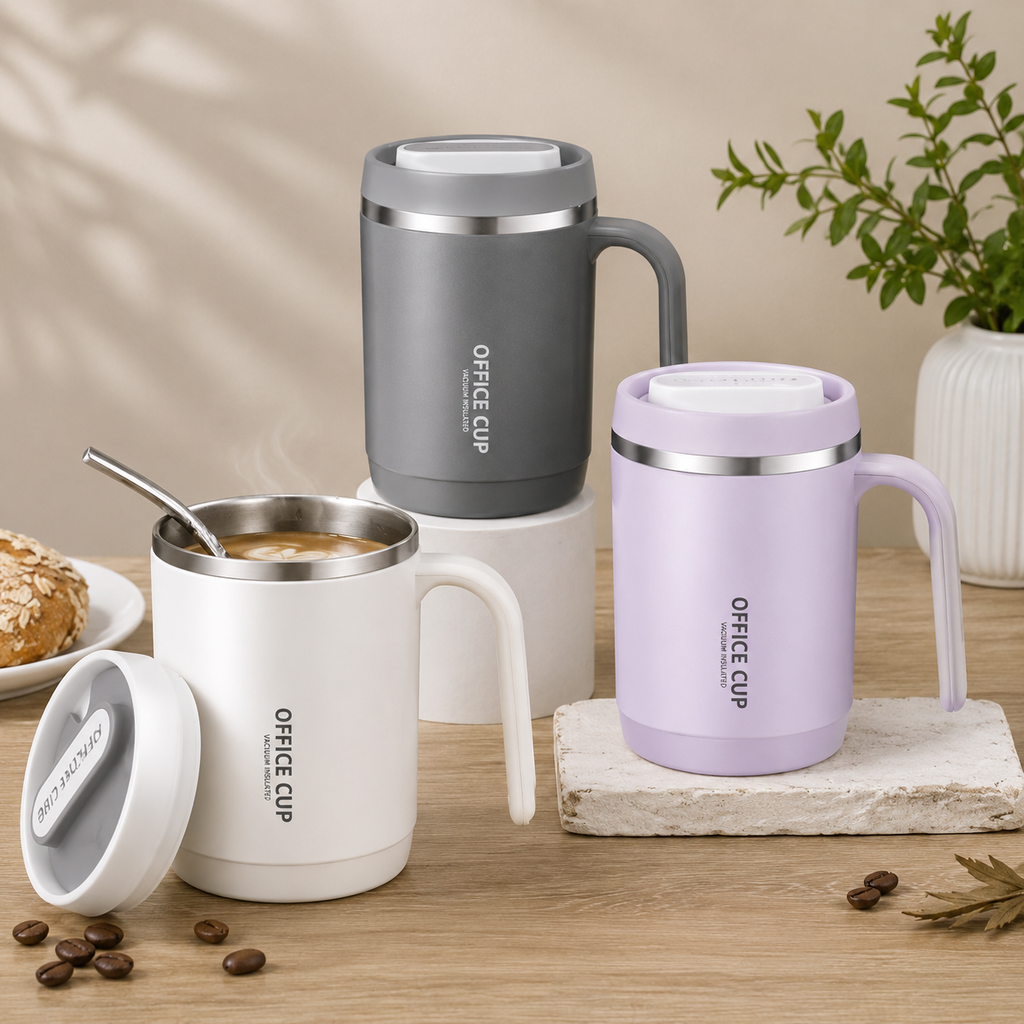 Stainless Steel Insulated Travel Mug With Handle, Straw & Lid Hot & Cold Drink Tumbler