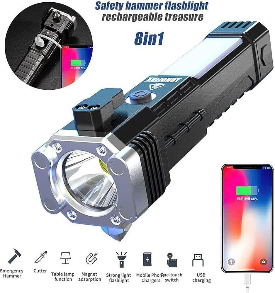 Rechargeable LED Flashlight Emergency Torch With Power Bank & Safety Hammer