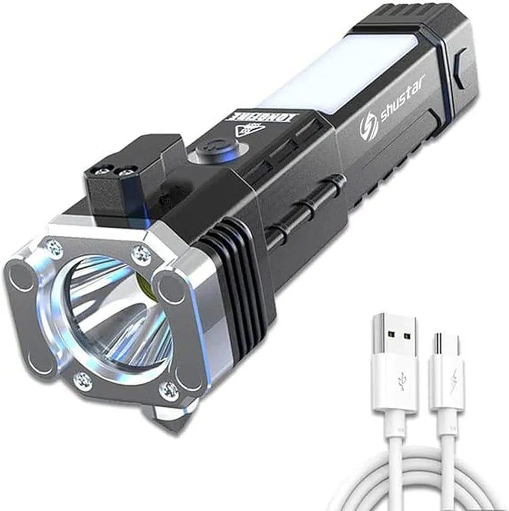 Rechargeable LED Flashlight Emergency Torch With Power Bank & Safety Hammer