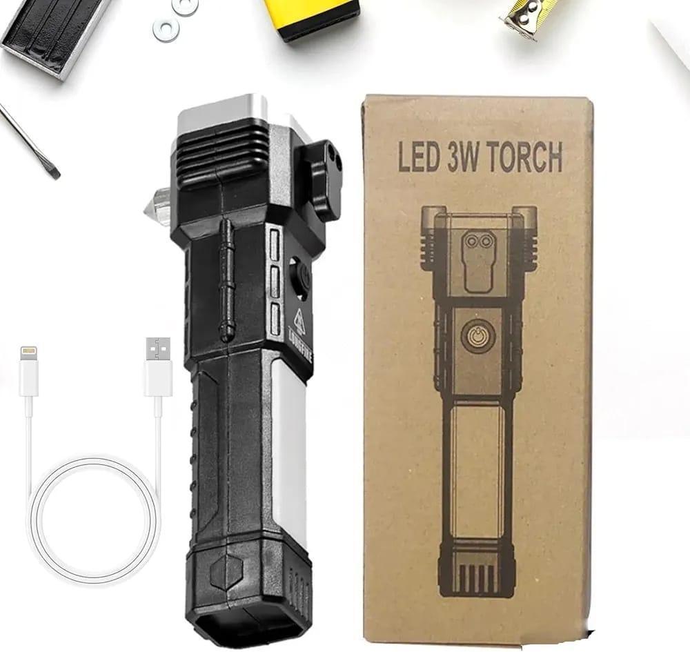 Rechargeable LED Flashlight Emergency Torch With Power Bank & Safety Hammer