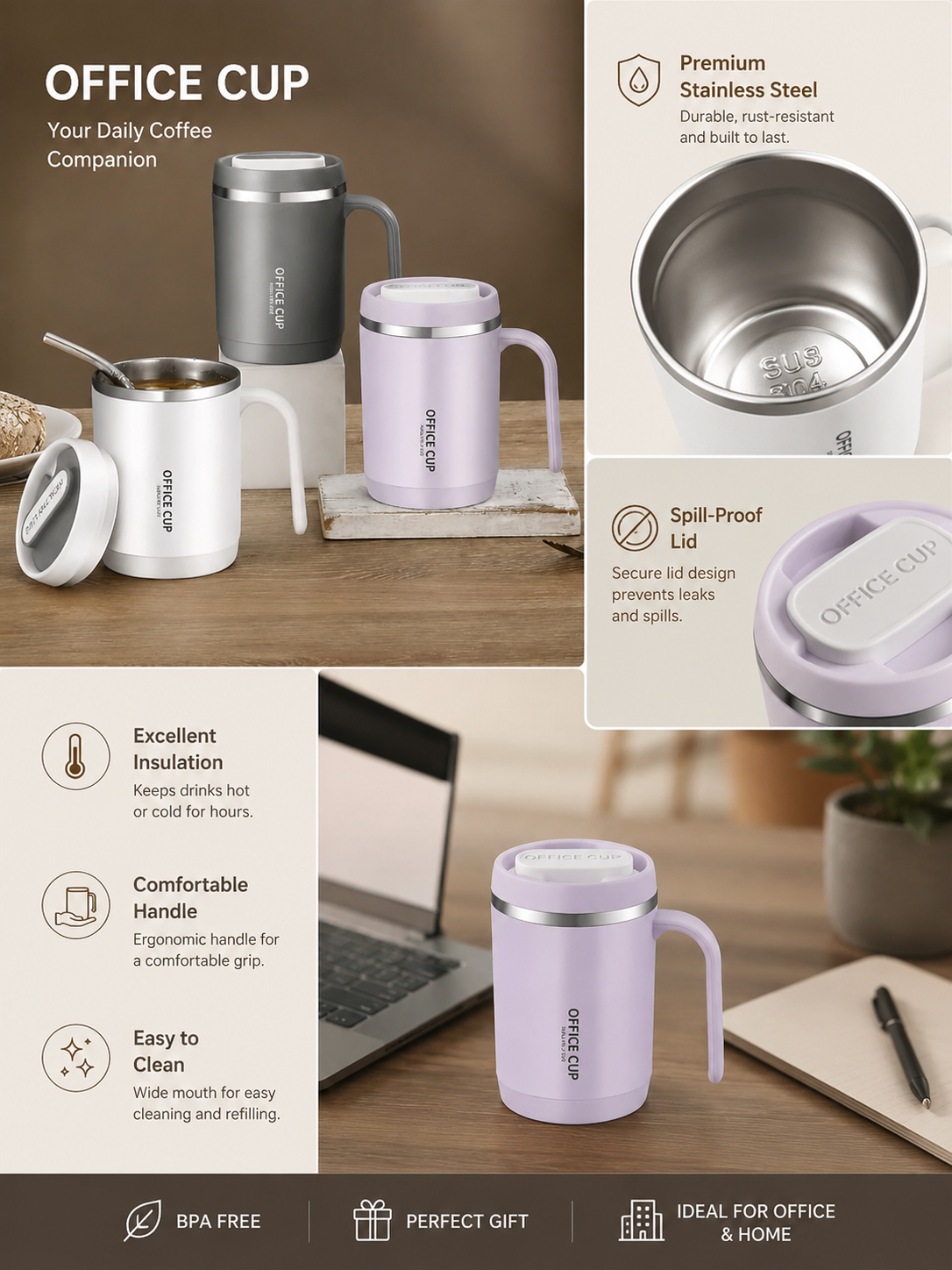 Stainless Steel Insulated Travel Mug With Handle, Straw & Lid Hot & Cold Drink Tumbler